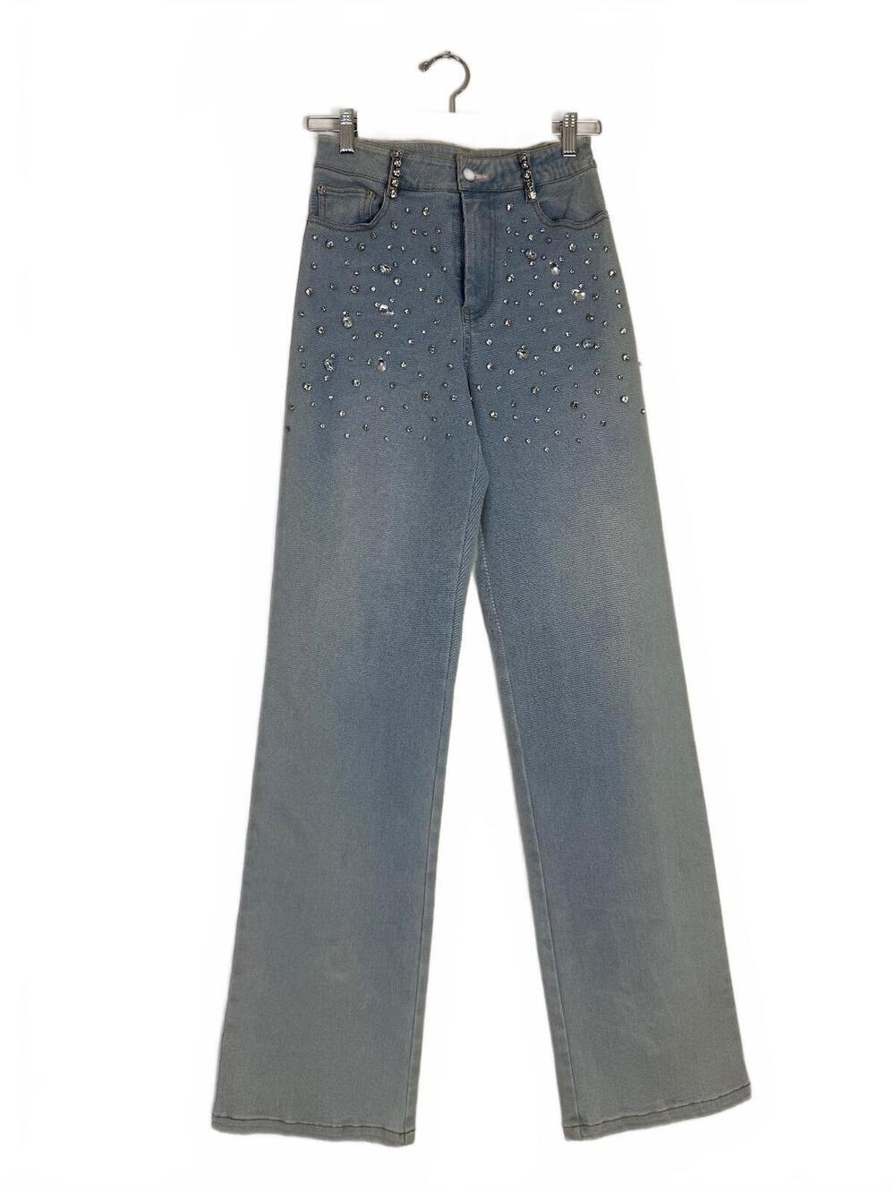 Light Blue Denim Wide Leg Jeans with Rhinestone Embellishments